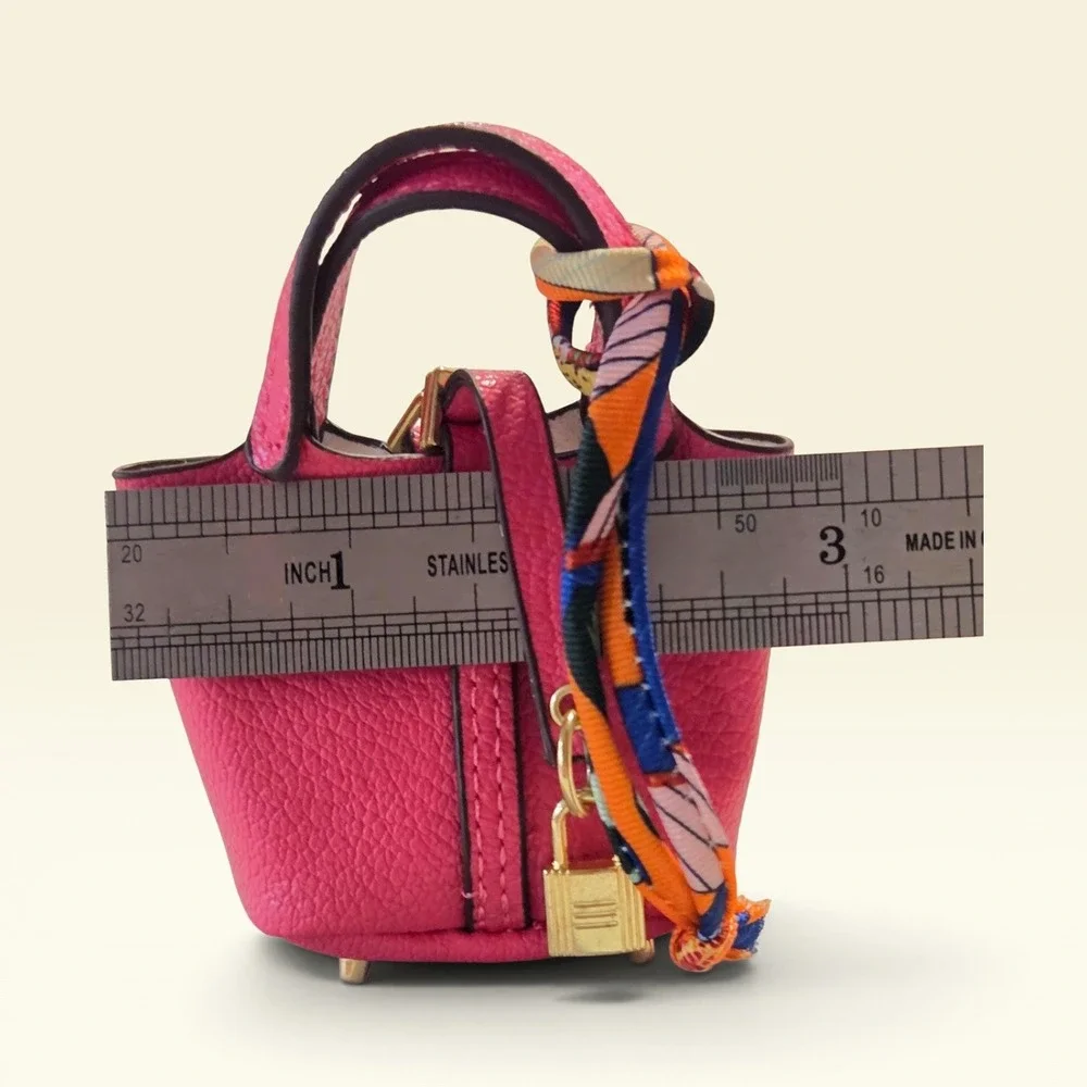 Pink Vegan Leather Mini Bucket Bag Charm With Lock And Scarf Detail